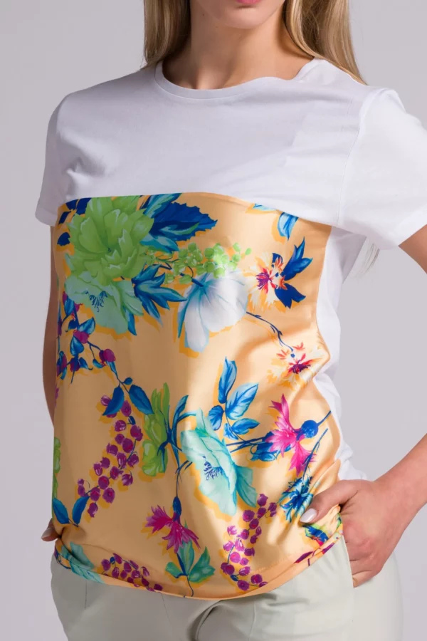 T-Shirt donna elegante in cotone e seta a fantasia