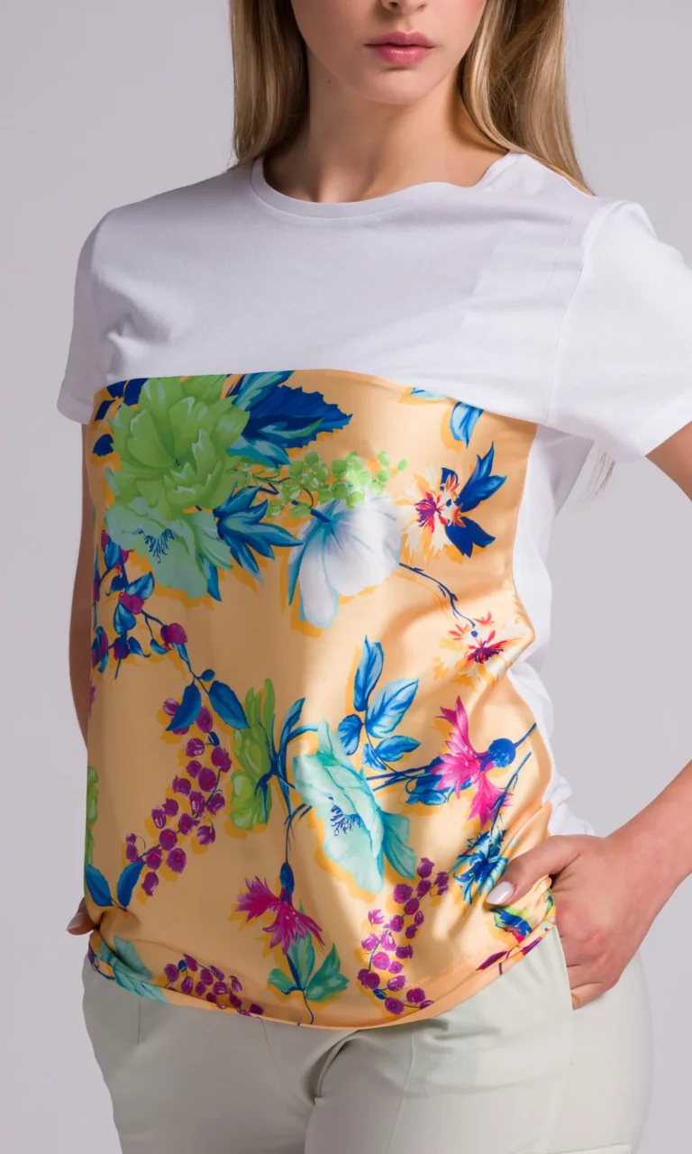 T-Shirt donna elegante in cotone e seta a fantasia